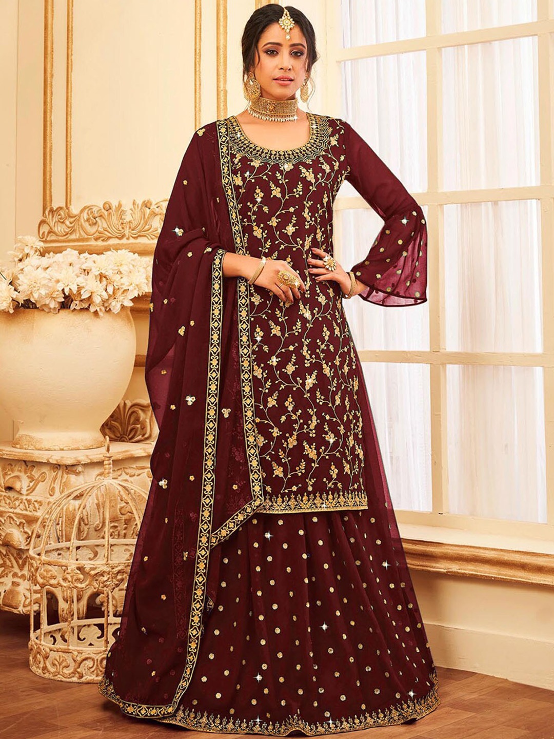 

ODETTE Women Floral Embroidered Zardozi Kurta with Skirt & With Dupatta, Maroon