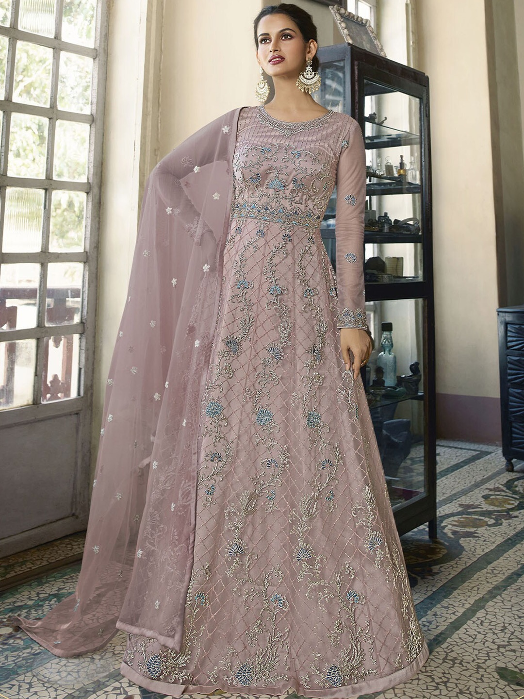 

ODETTE Women Floral Embroidered Panelled Kurta With Dupatta, Pink