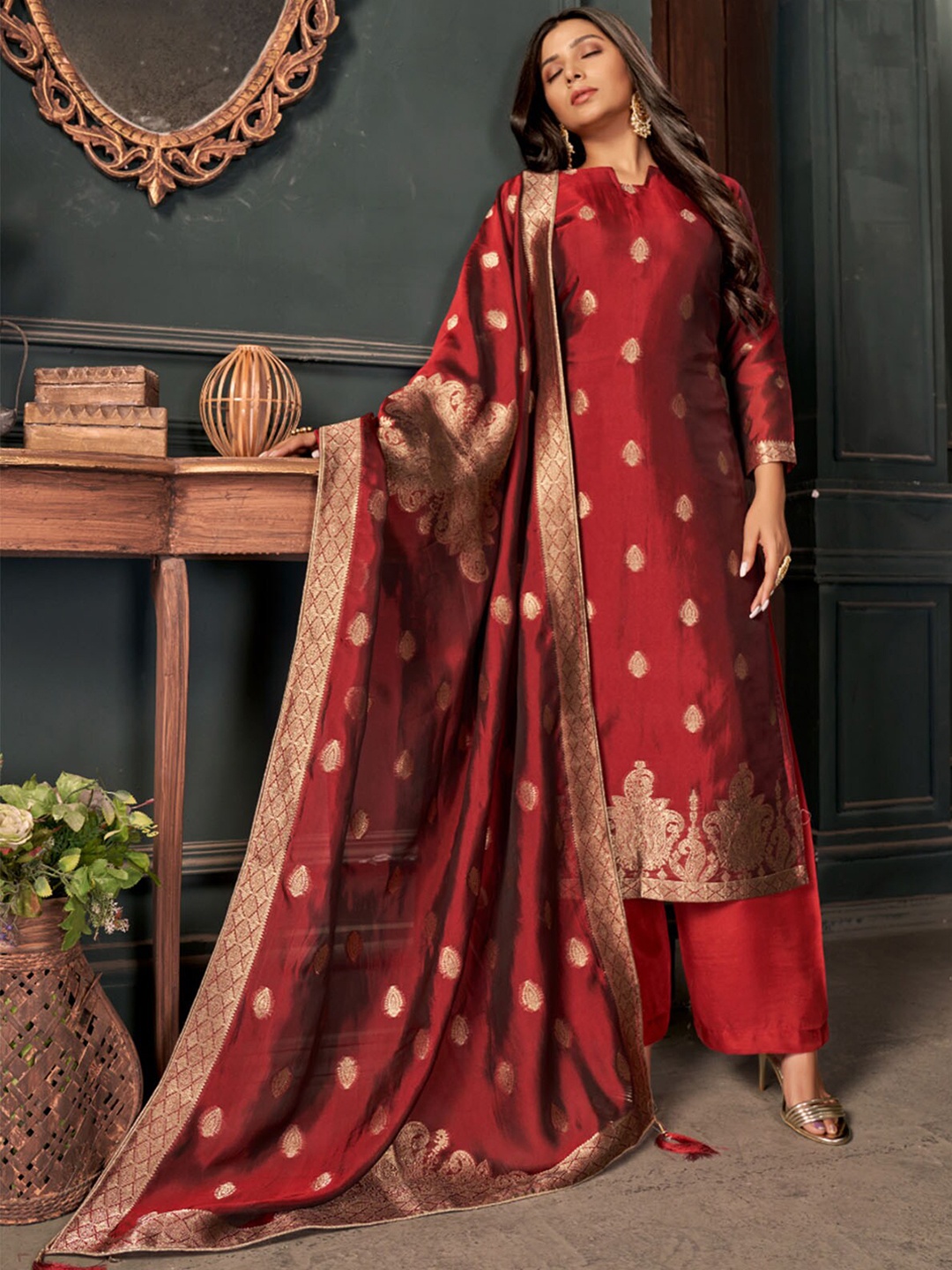 

ODETTE Women Ethnic Motifs Kurta with Palazzos & With Dupatta, Red