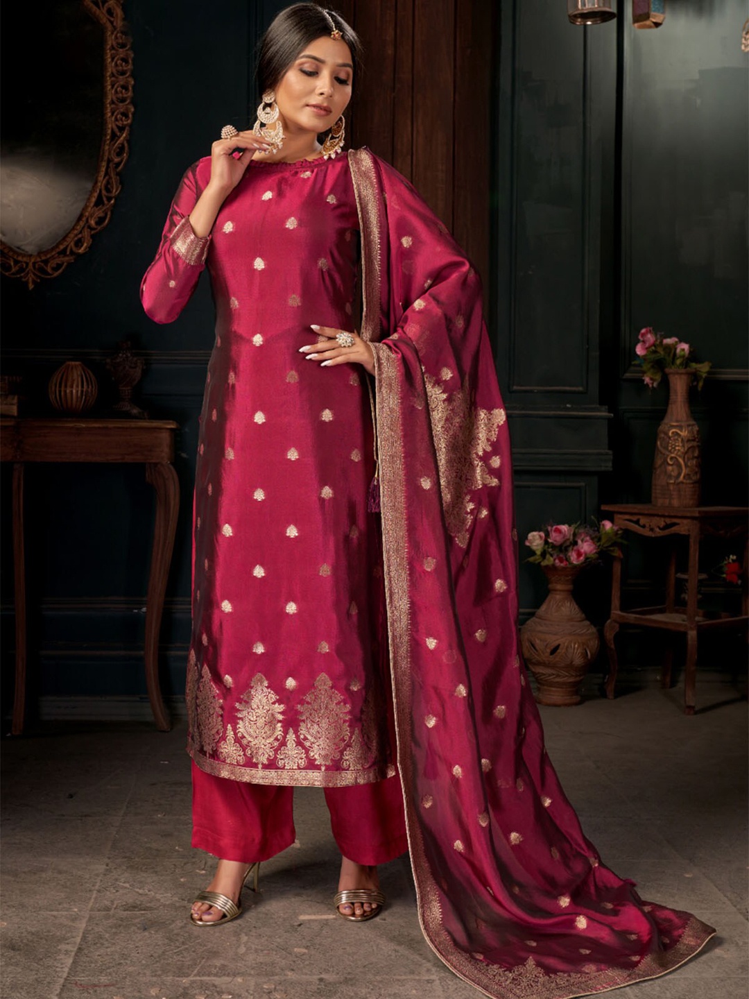 

ODETTE Women Kurta with Palazzos & With Dupatta, Pink