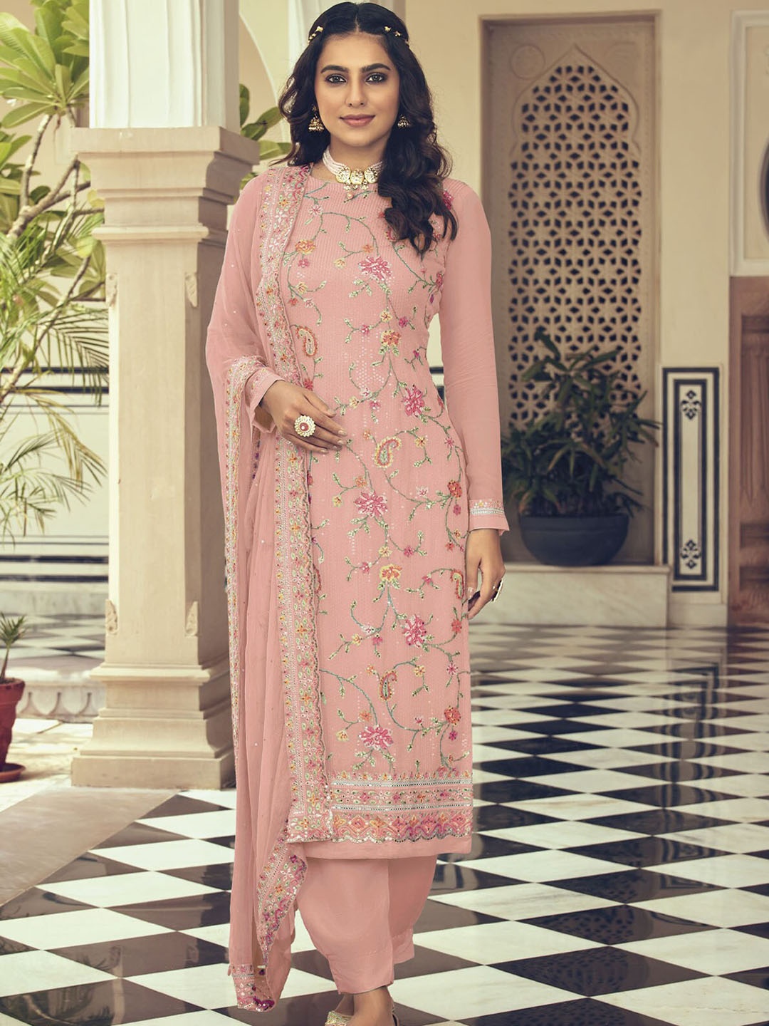 

ODETTE Women Embroidered Kurta with Trousers & With Dupatta, Peach