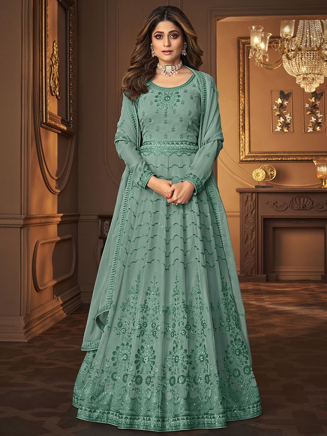 

ODETTE Women Ethnic Motifs Embroidered Thread Work Kurta with Trousers & With Dupatta, Green
