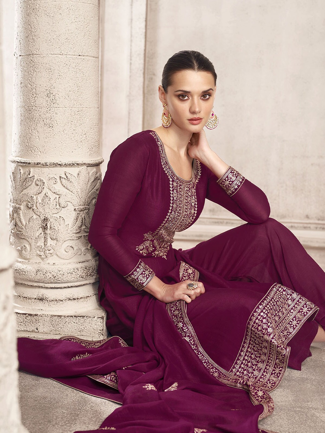 

ODETTE Women Ethnic Motifs Embroidered Kurta with Palazzos & With Dupatta, Maroon
