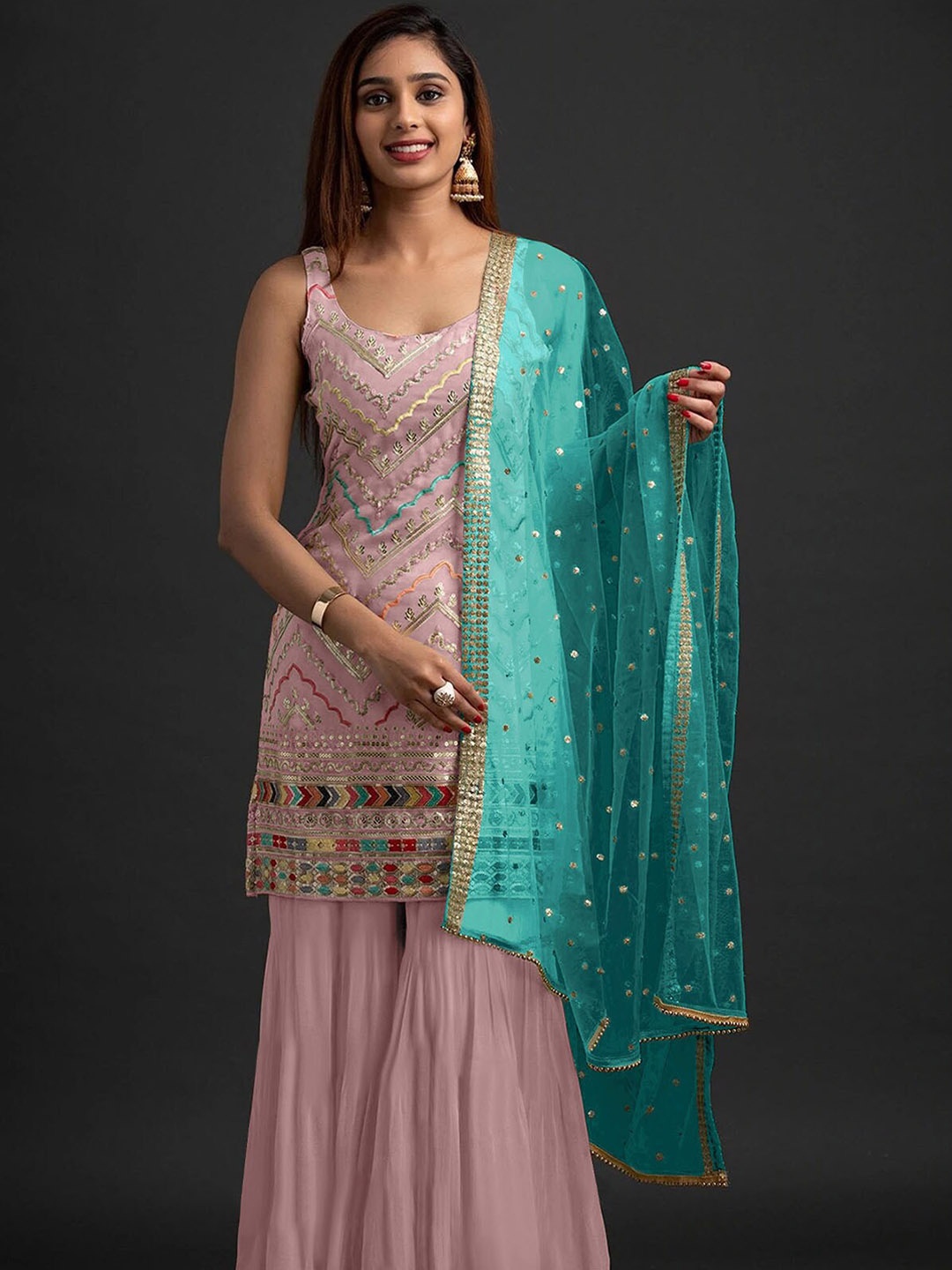 

ODETTE Women Embroidered Kurta with Sharara & With Dupatta, Peach