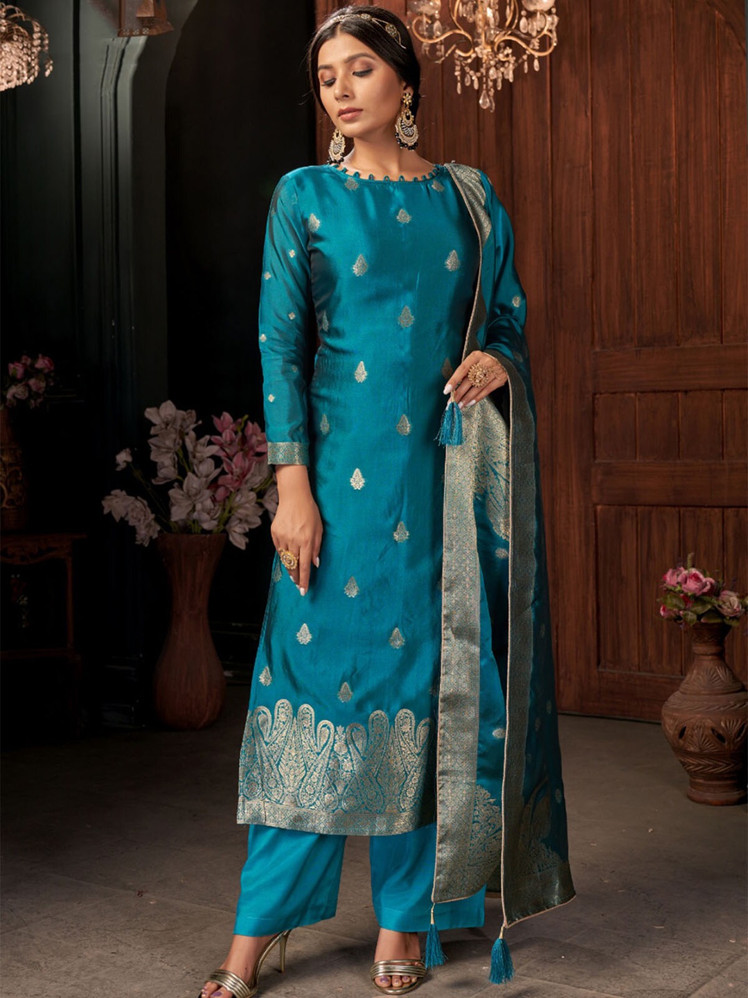 

ODETTE Women Kurta with Palazzos & With Dupatta, Teal