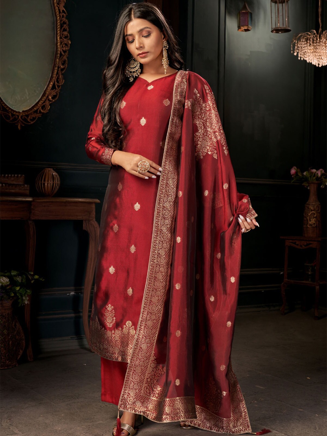 

ODETTE Kurta With Palazzos & With Dupatta, Red