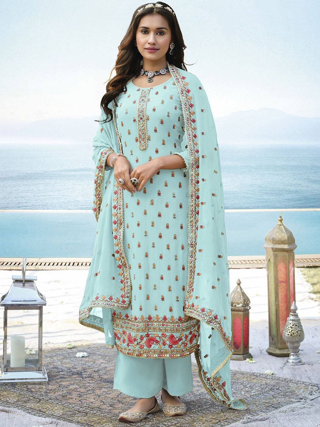

ODETTE Ethnic Motifs Embroidered Kurta With Palazzos & With Dupatta, Blue