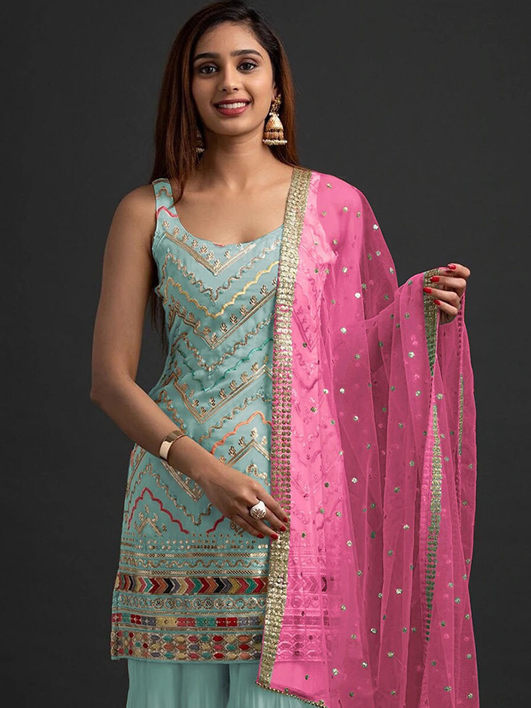 

ODETTE Ethnic Motifs Embroidered Semi Stitched Kurta With Sharara & Dupatta, Blue