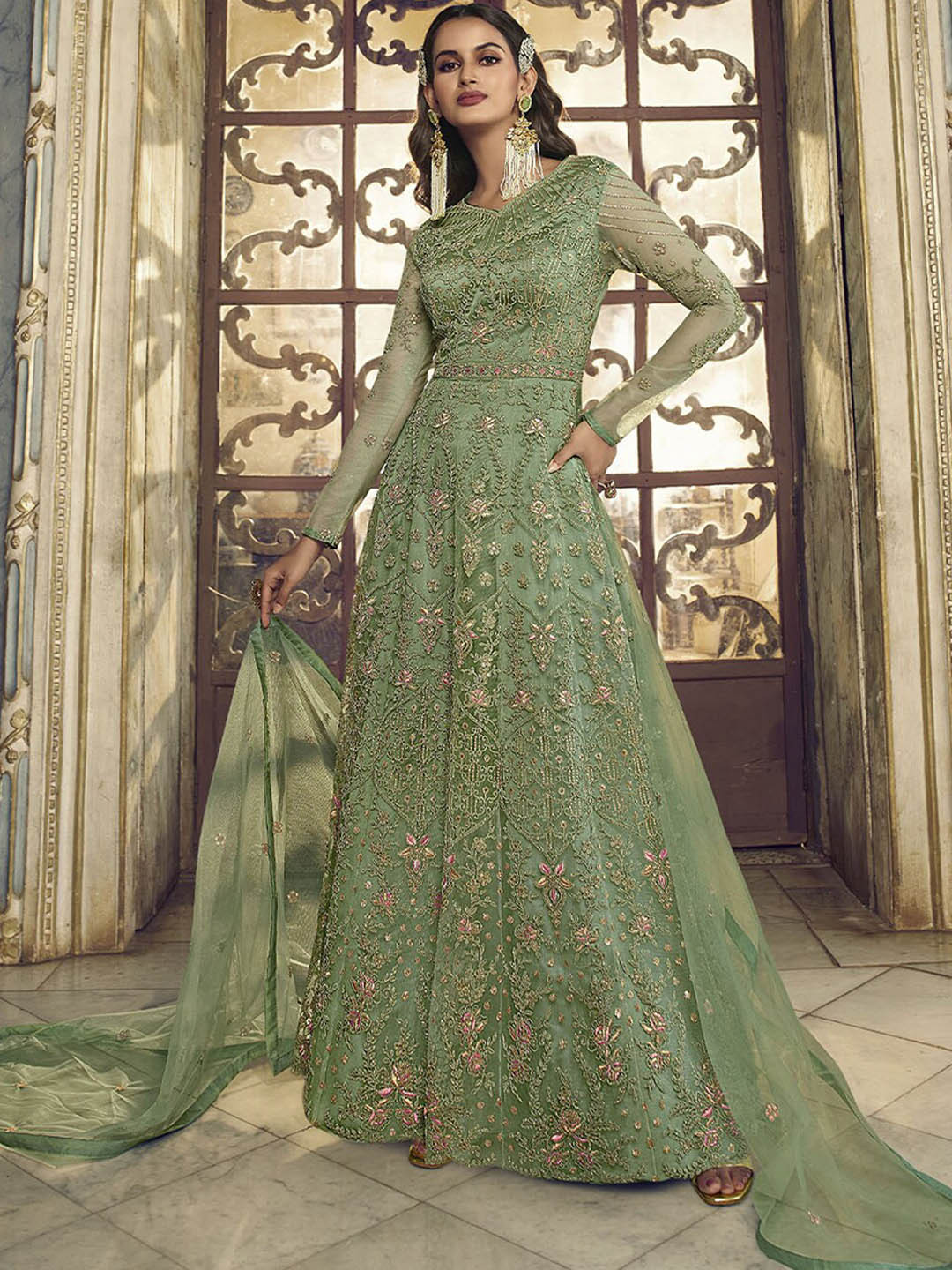 

ODETTE Embroidered Semi Stitched Kurta with Trousers & Dupatta, Green