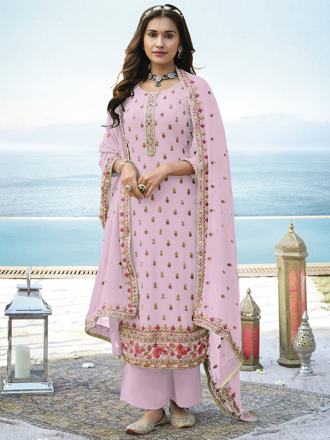 

ODETTE Ethnic Motifs Embroidered Sequinned Kurta With Palazzos & With Dupatta, Pink