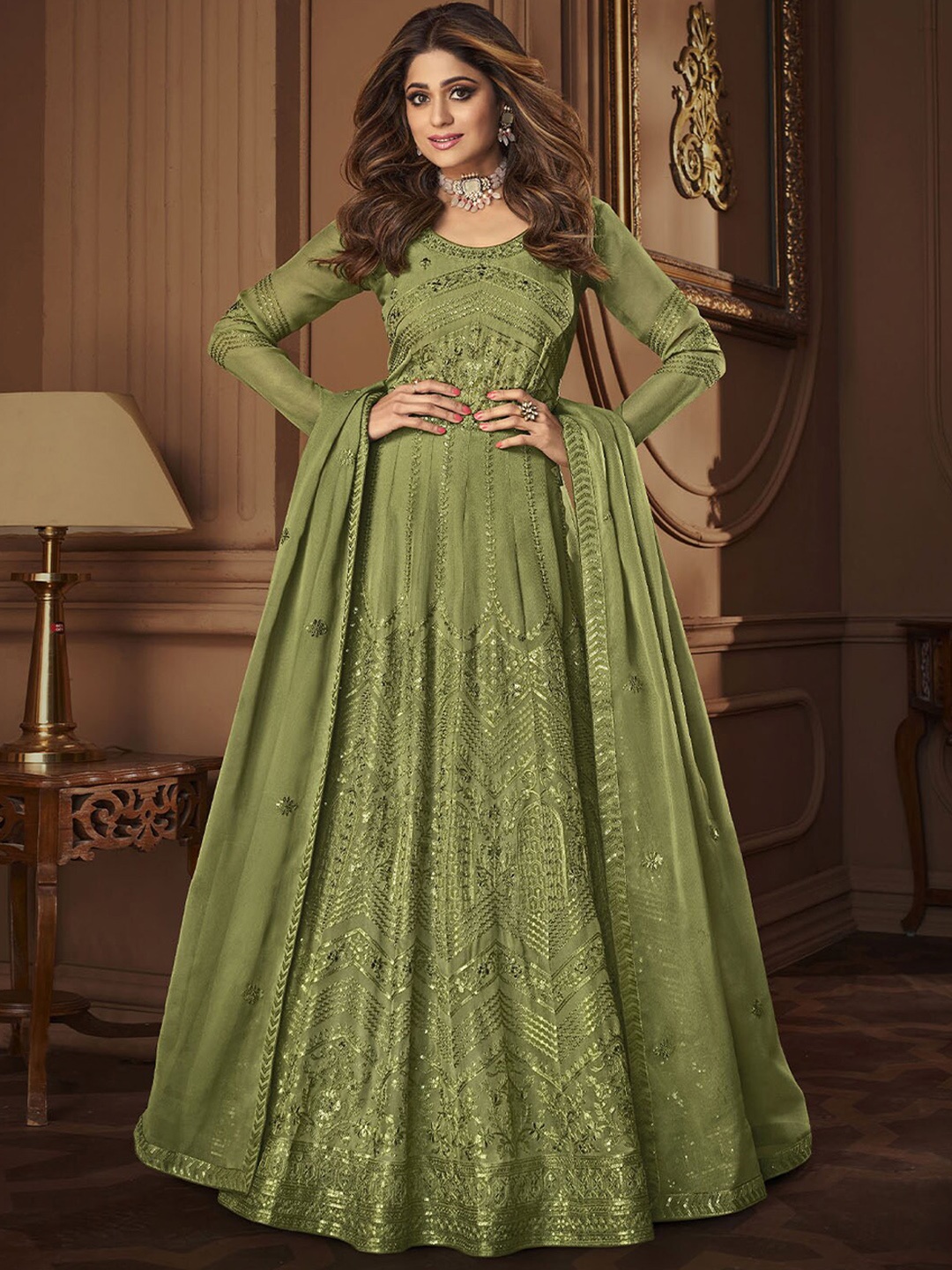 

ODETTE Embroidered Semi Stitched Kurta with Trousers With Dupatta, Green