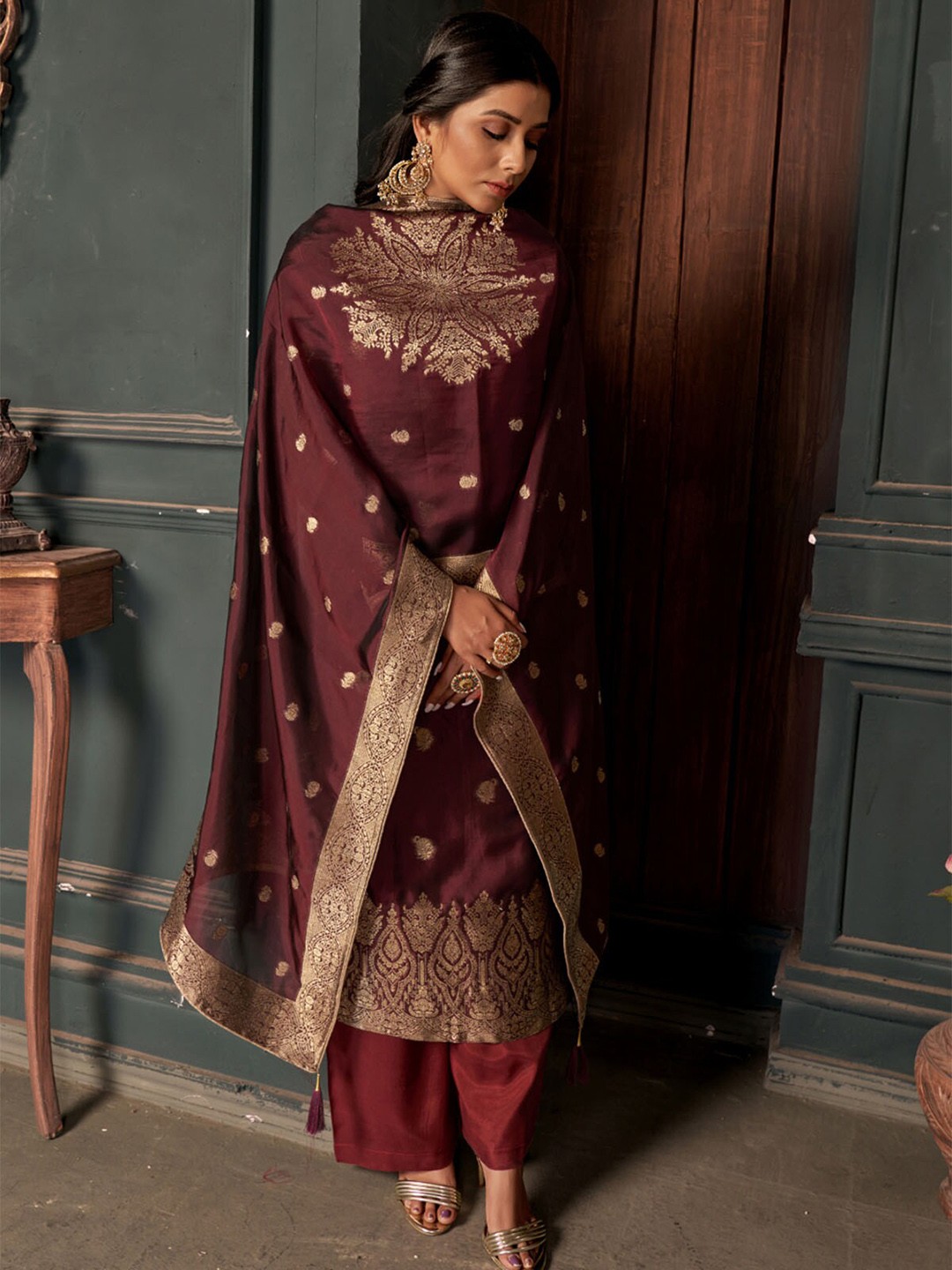 

ODETTE Kurta with Palazzos & With Dupatta, Maroon