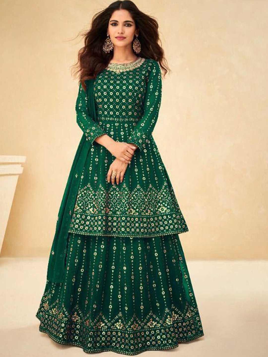 

ODETTE Embroidered Mirror Work Semi Stitched Kurta With Skirt, Green
