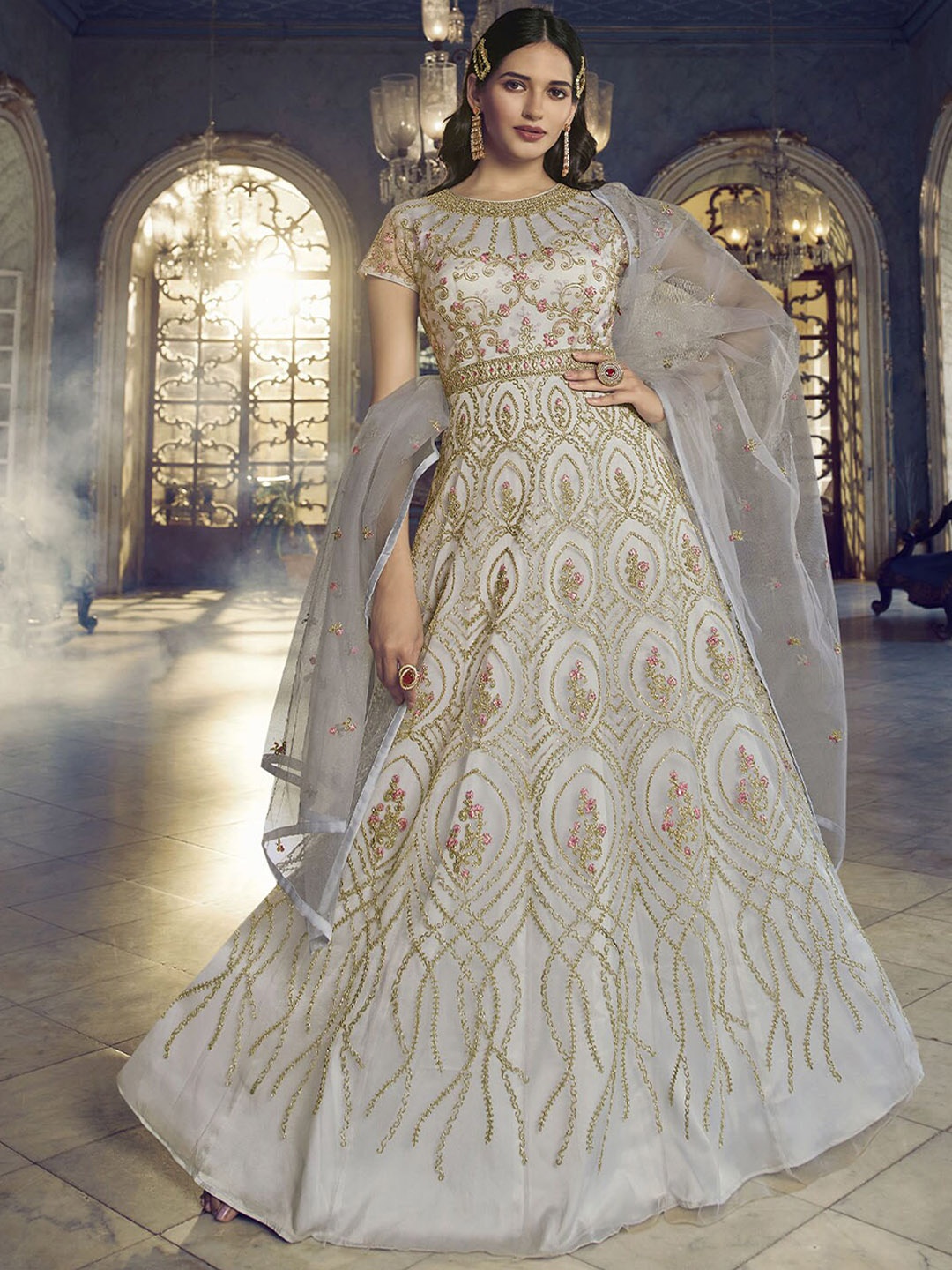 

ODETTE Embroidered Semi Stitched Kurta With Dupatta, Grey