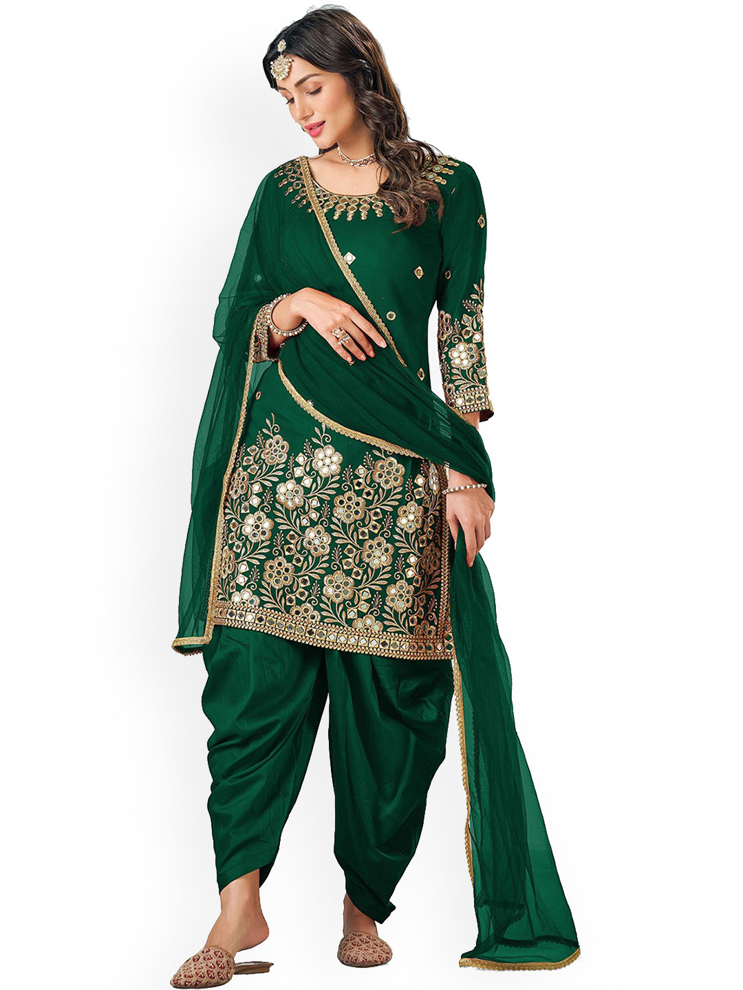 

ODETTE Embroidered Semi Stitched Kurta with Patiala With Dupatta, Green