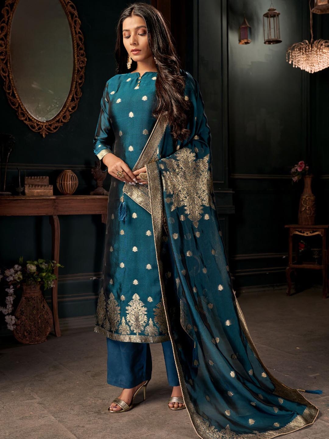 

ODETTE Women Kurta with Palazzos & With Dupatta, Teal