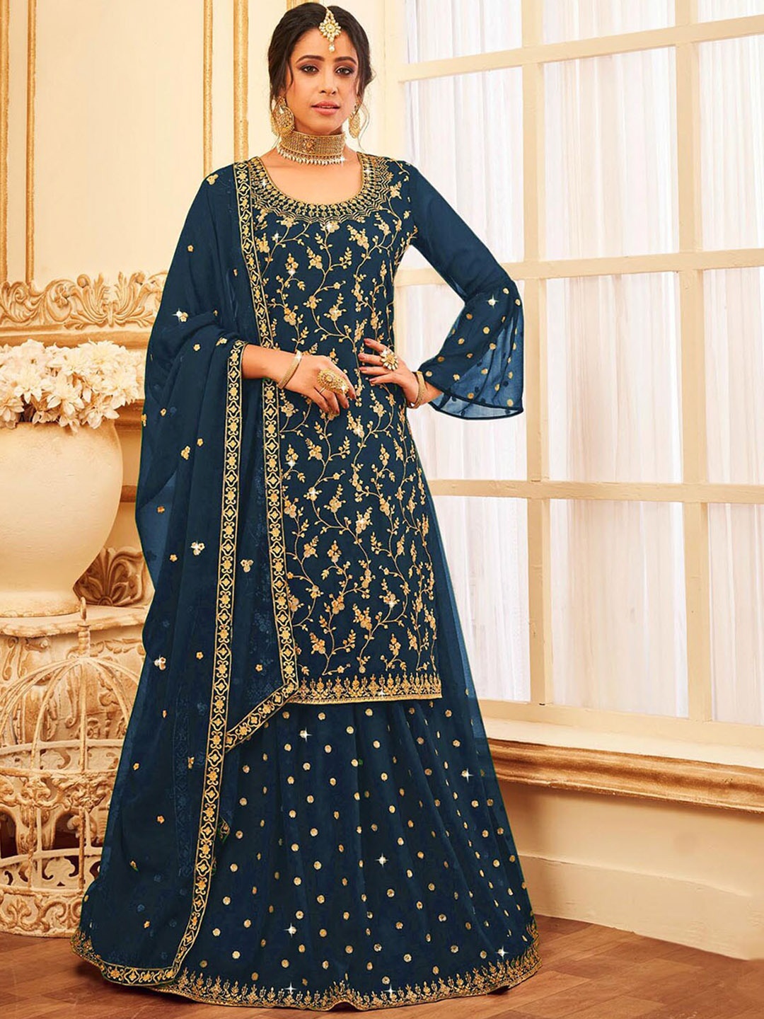 

ODETTE Women Floral Embroidered Zardozi Kurta with Skirt & With Dupatta, Teal