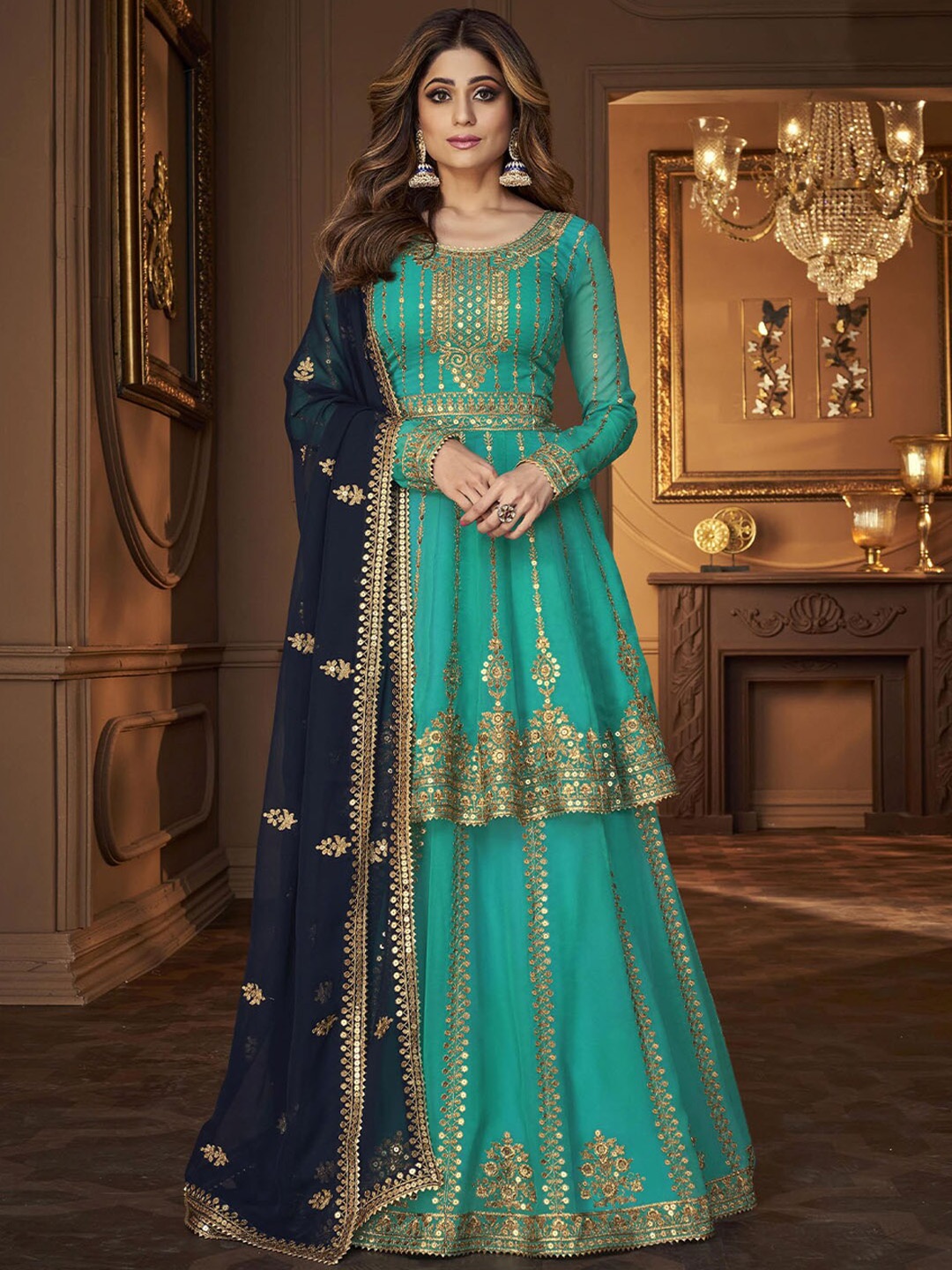 

ODETTE Women Floral Embroidered Sequinned Kurta with Skirt & With Dupatta, Green