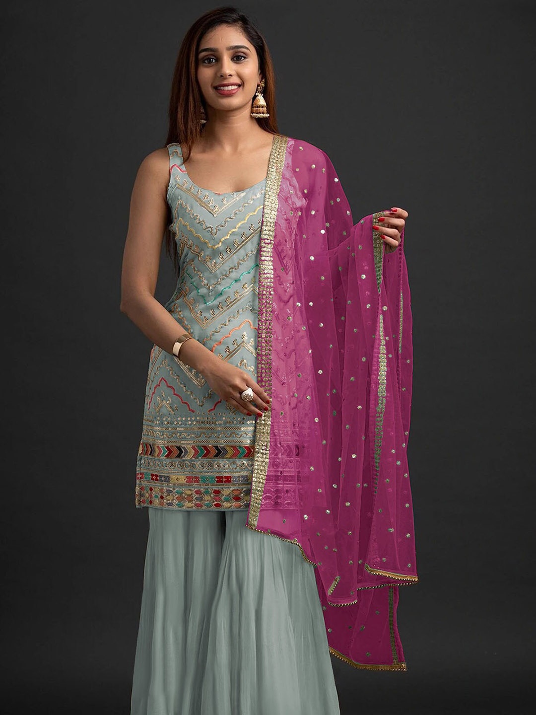 

ODETTE Women Embroidered Sequinned Kurti with Sharara & With Dupatta, Grey