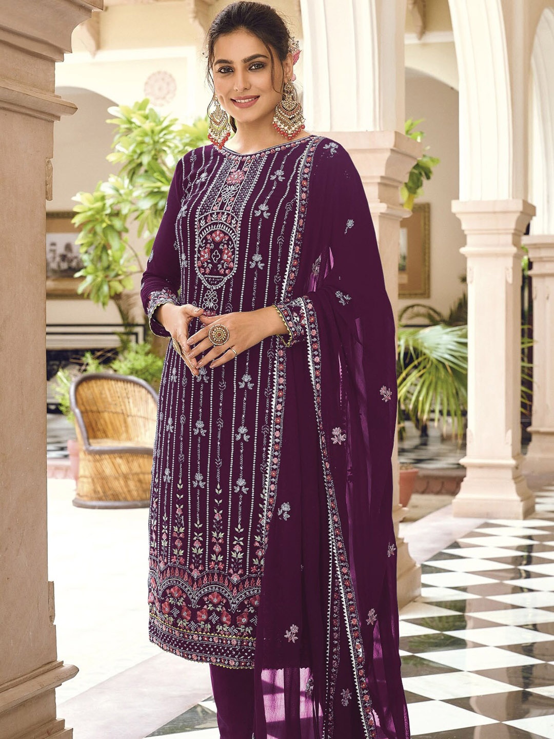 

ODETTE Women Embroidered Thread Work Kurta with Trousers & With Dupatta, Purple