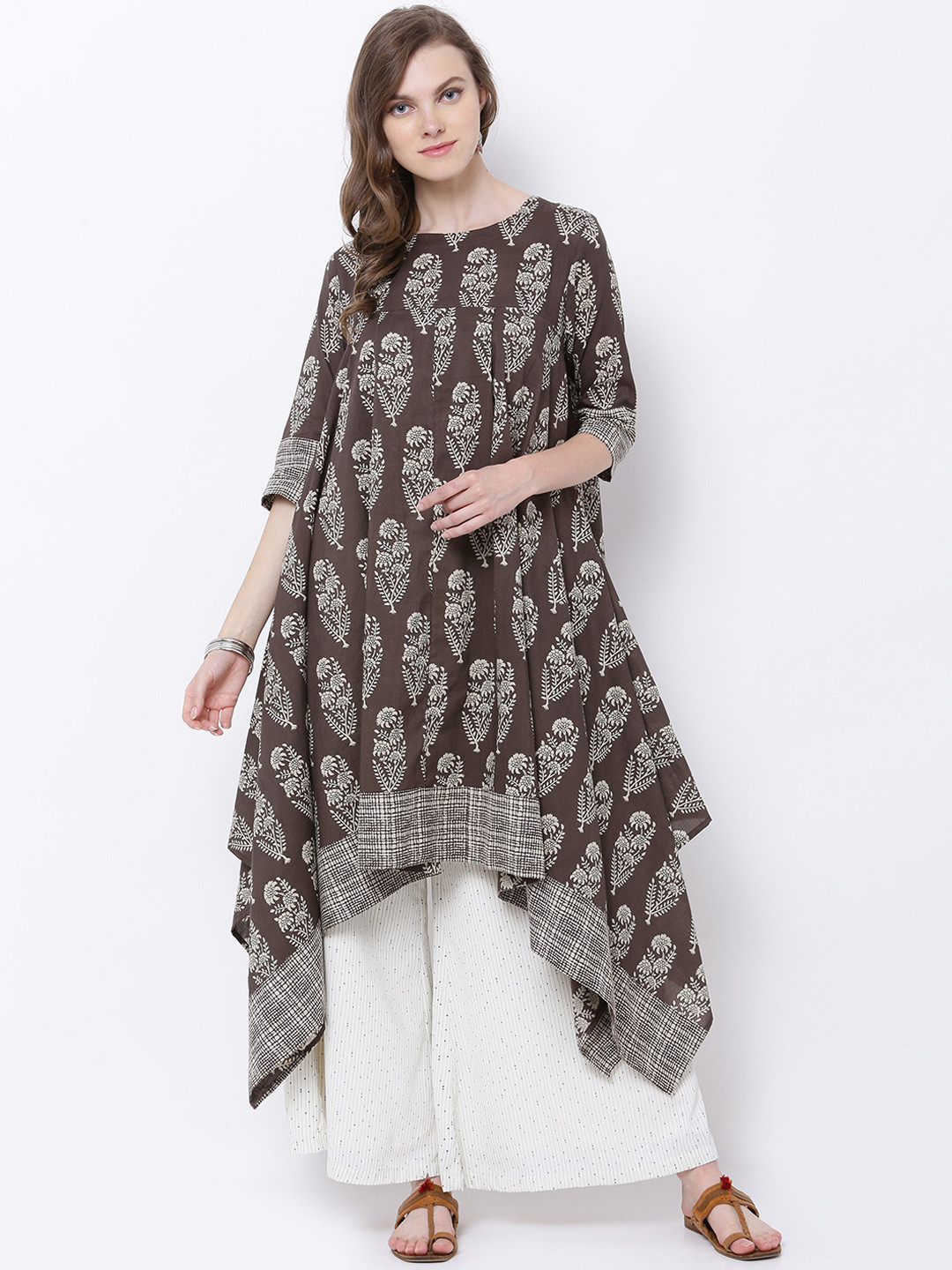 

Vishudh Women Brown & Cream-Coloured Printed A-Line Kurta