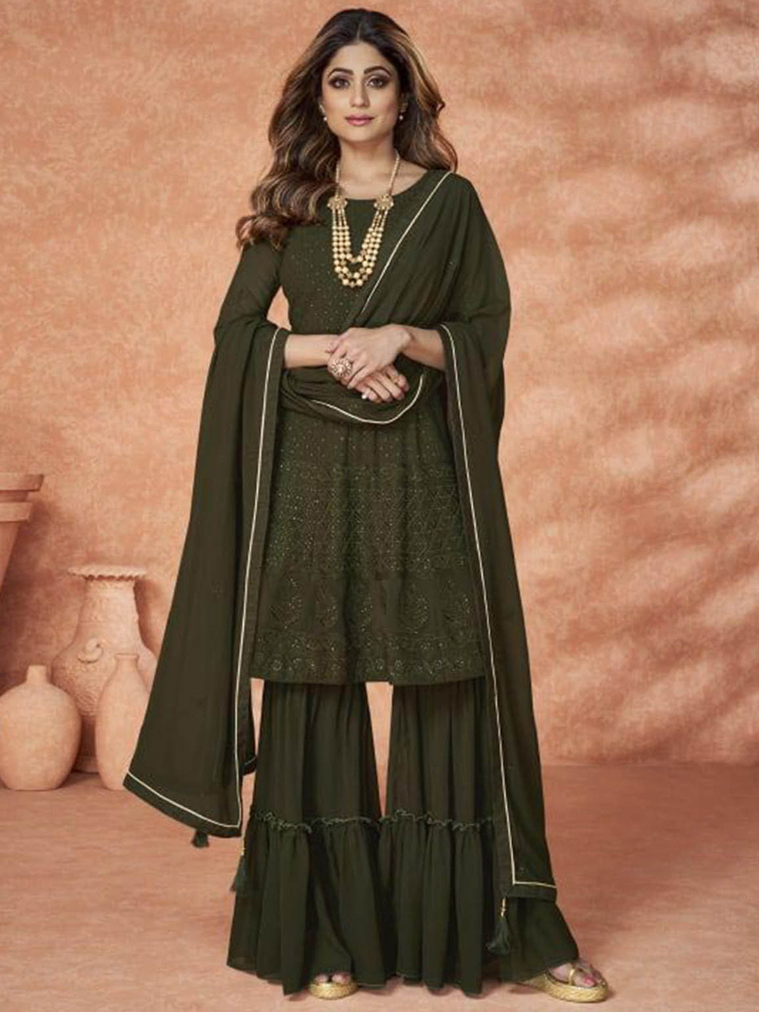 

ODETTE Women Paisley Embroidered Sequinned Kurta with Sharara & With Dupatta, Green