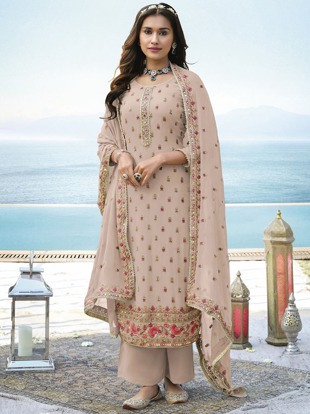 

ODETTE Women Ethnic Motifs Embroidered Sequinned Kurta with Palazzos & With Dupatta, Beige