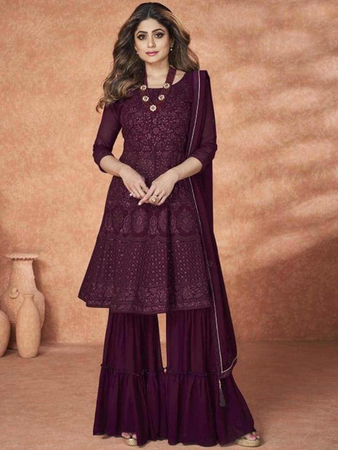 

ODETTE Women Floral Embroidered Pleated Chikankari Kurta with Sharara & With Dupatta, Purple