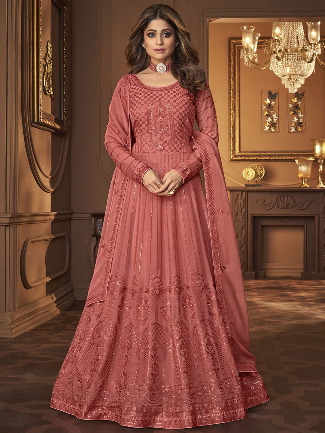 

ODETTE Women Floral Embroidered Sequinned Kurta with Trousers & With Dupatta, Peach