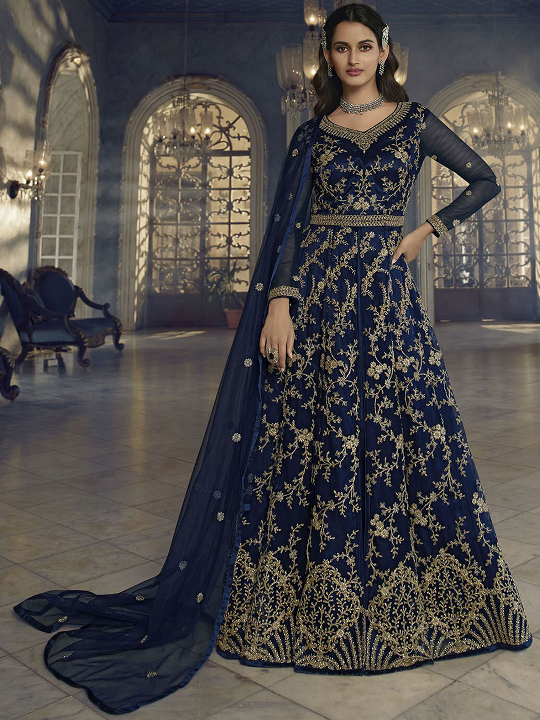 

ODETTE Women Floral Embroidered Zardozi Kurta with Trousers & With Dupatta, Teal