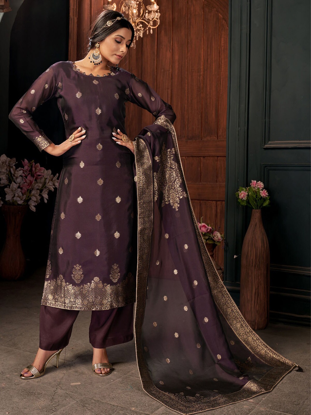 

ODETTE Women Kurta with Palazzos & With Dupatta, Purple