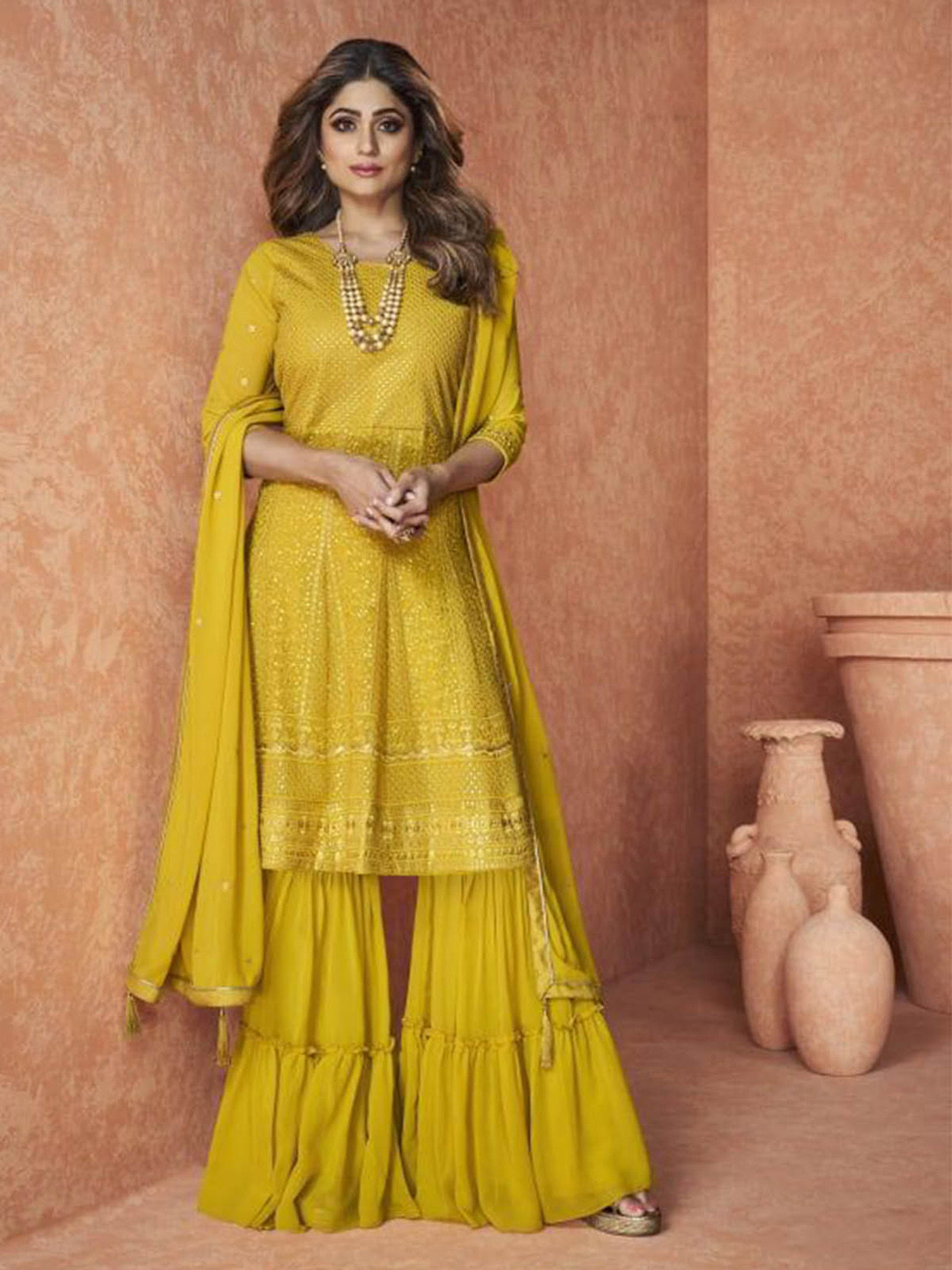 

ODETTE Women Ethnic Motifs Embroidered Sequinned Kurta with Sharara & With Dupatta, Yellow