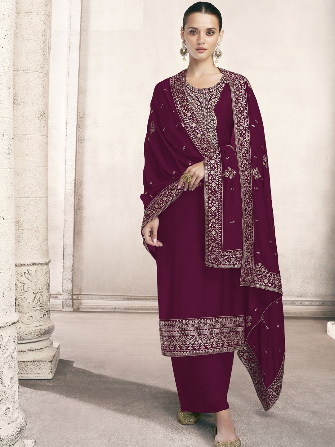 

ODETTE Floral Embroidered Thread Work Kurta with Trousers & Dupatta, Maroon