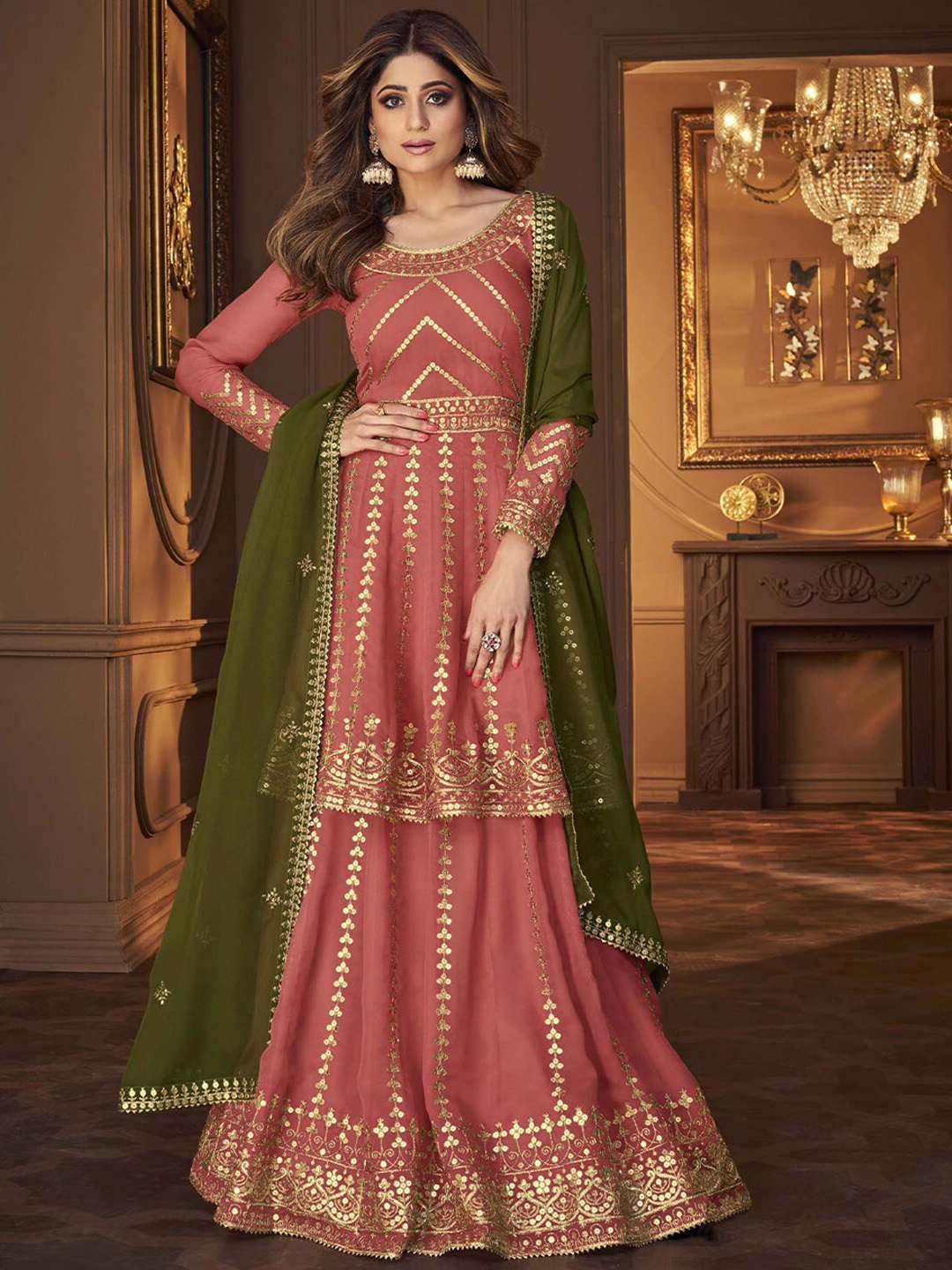 

ODETTE Embroidered Sequinned Kurta with Sharara & Dupatta, Peach