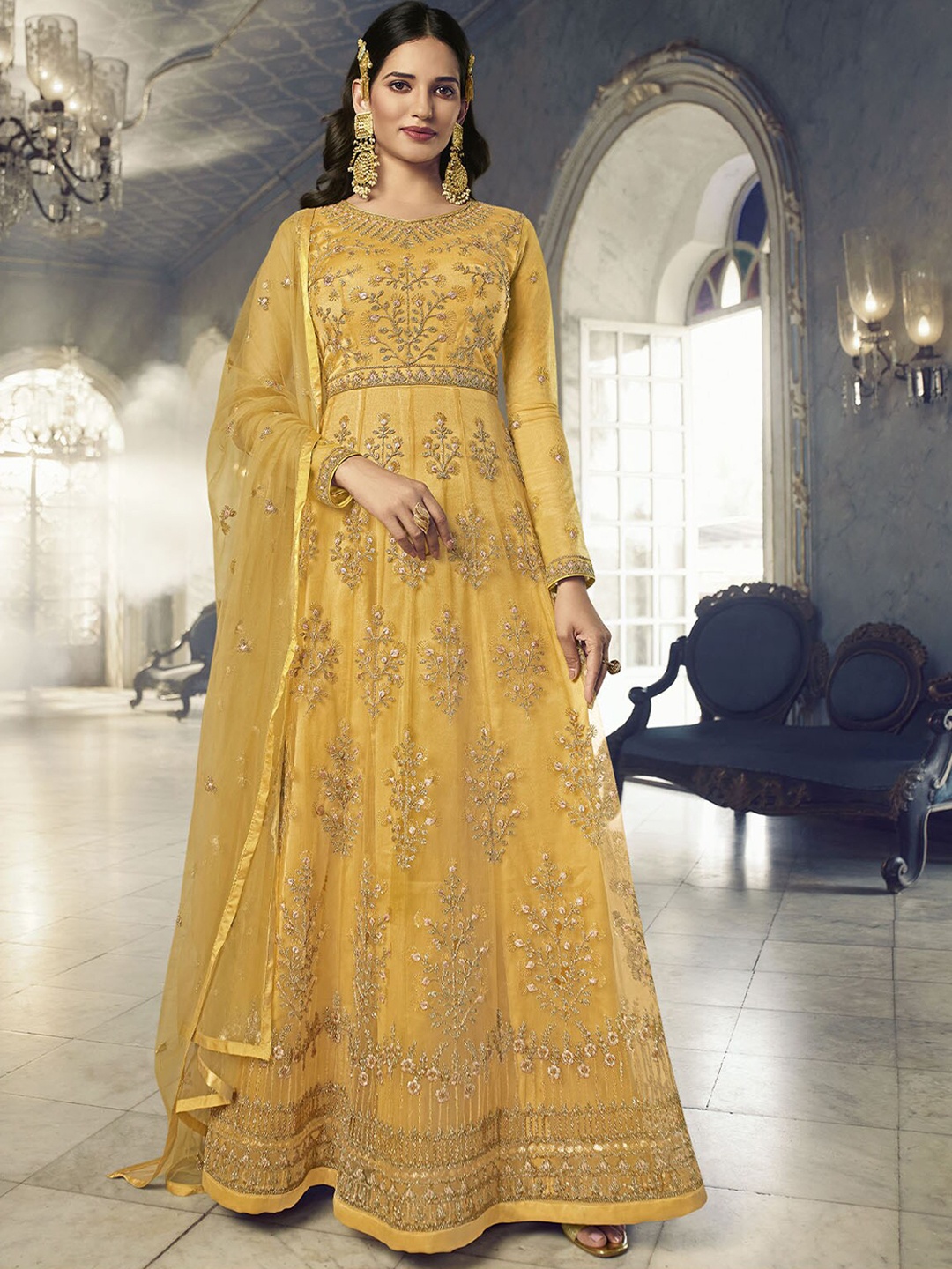

ODETTE Ethnic Embroidered Empire Aari Work Kurta with Trousers & Dupatta, Mustard
