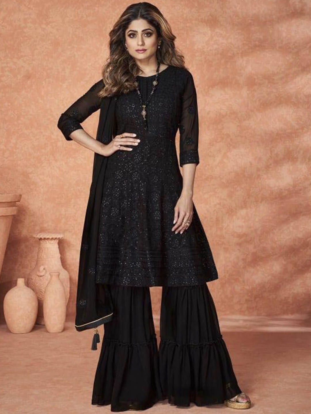 

ODETTE Ethnic Embroidered Sequinned Kurta with Sharara & Dupatta, Black