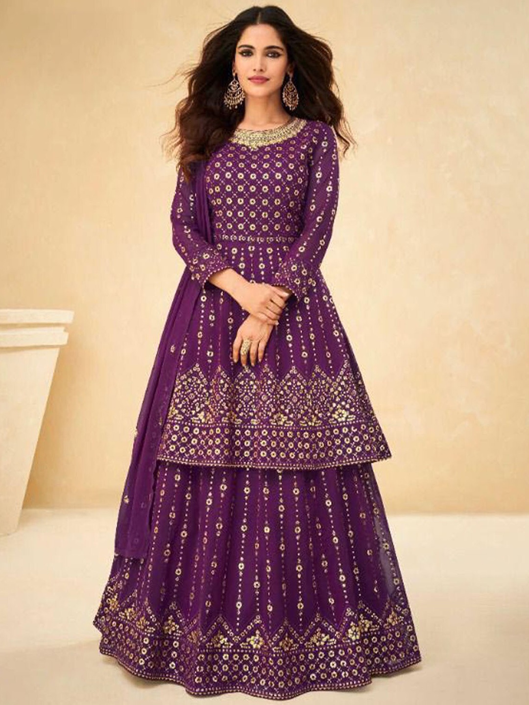 

ODETTE Embroidered Kurta with Skirt & Dupatta, Purple