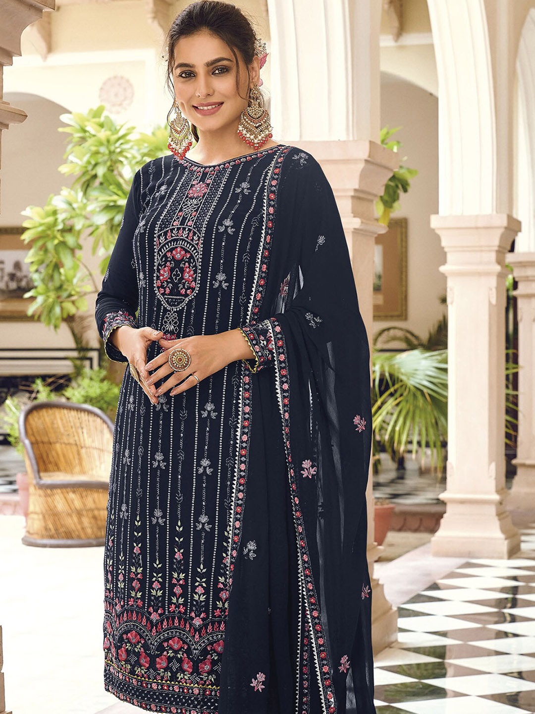 

ODETTE Floral Embroidered Thread Work Kurta with Trousers & Dupatta, Blue