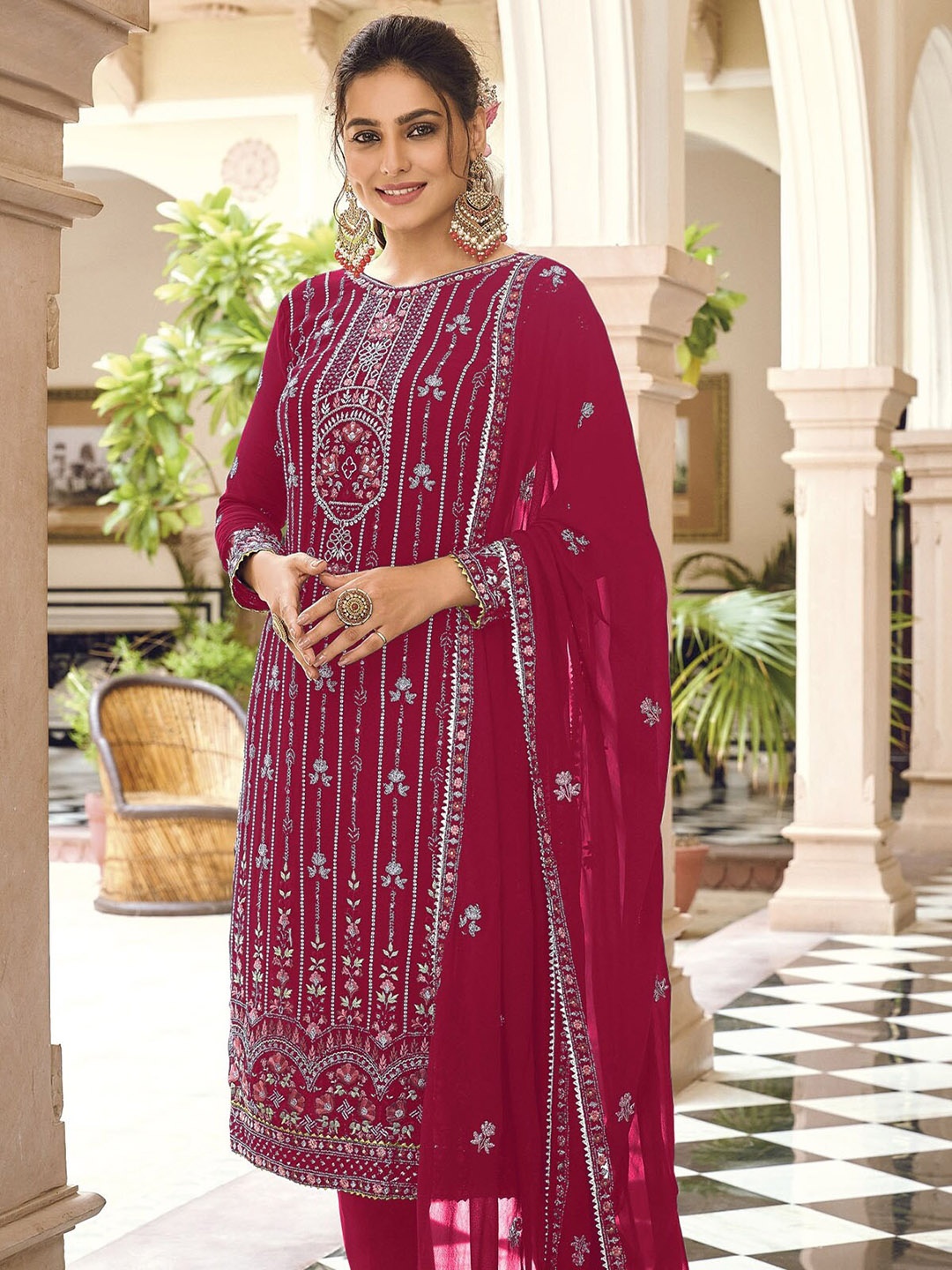 

ODETTE Embroidered Thread Work Kurta With Trouser & Dupatta, Maroon