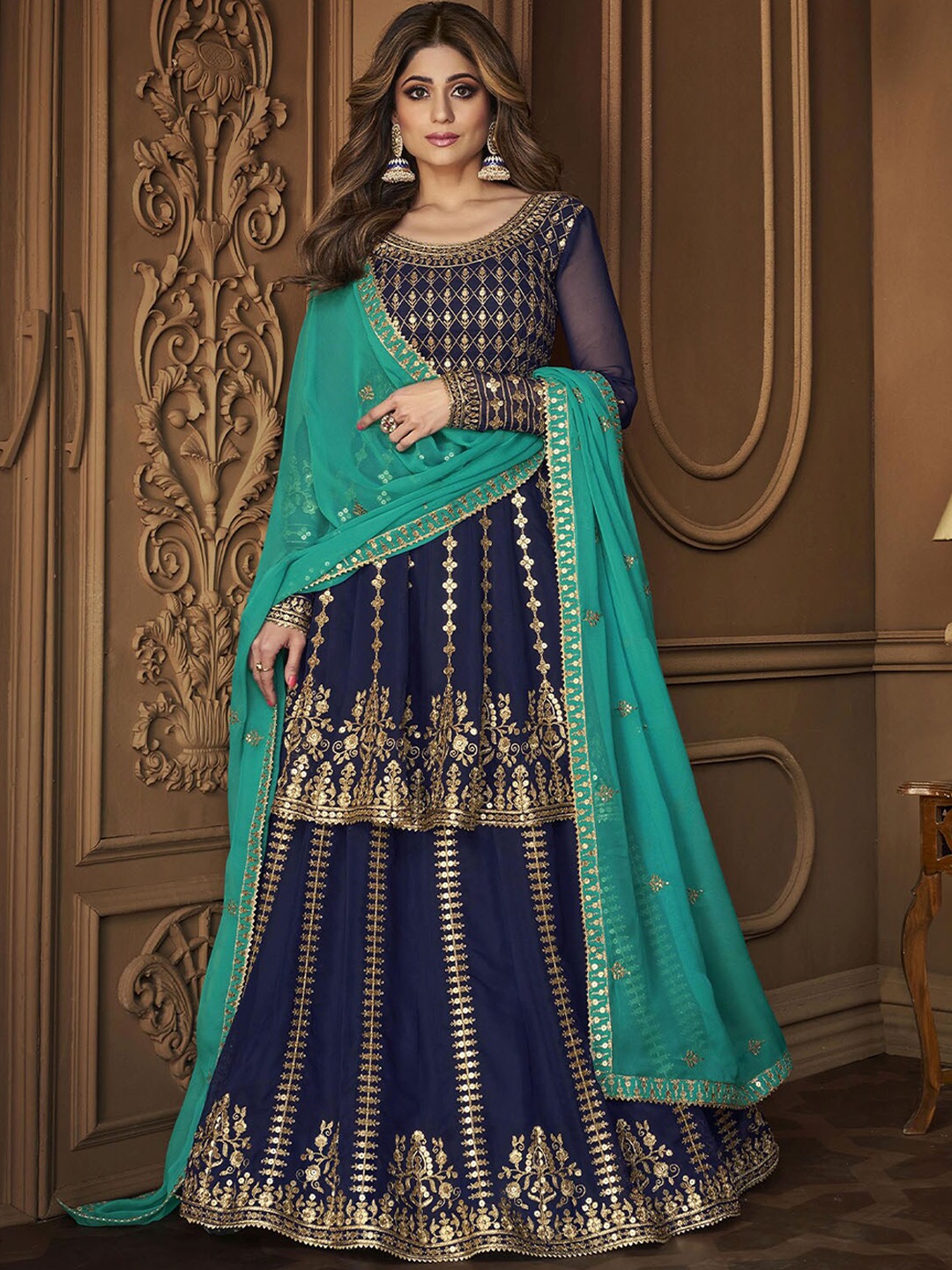 

ODETTE Ethnic Embroidered Thread Work Kurta with Skirt & Dupatta, Blue
