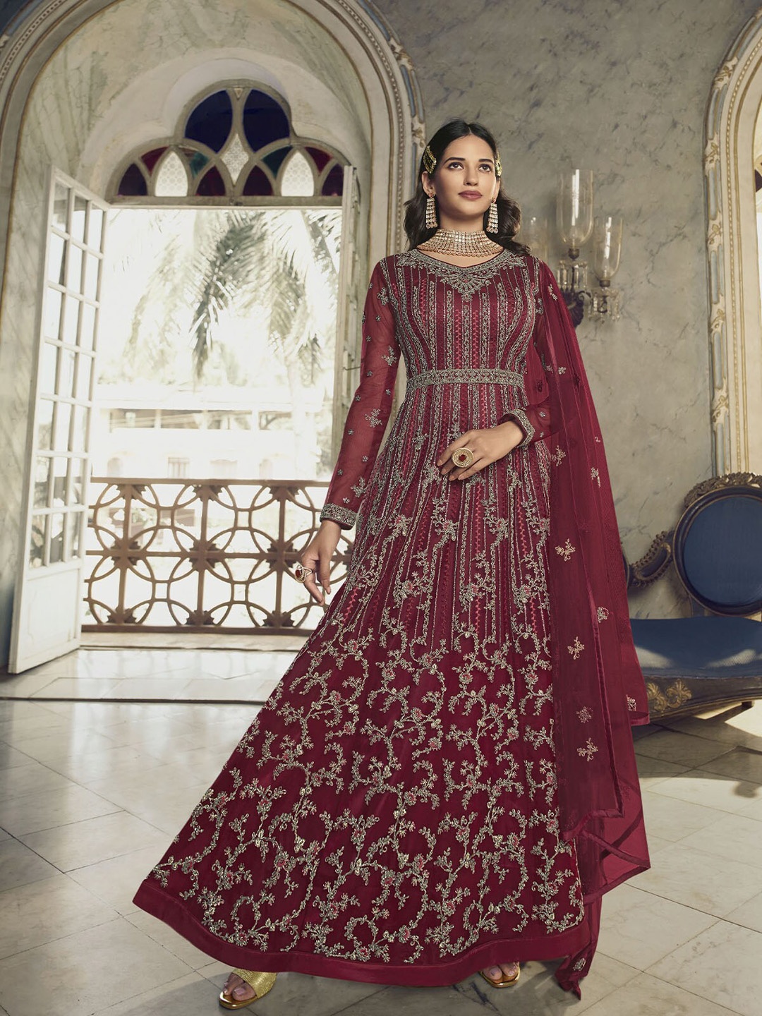 

ODETTE Floral Embroidered Thread Work Kurta with Trousers & Dupatta, Maroon