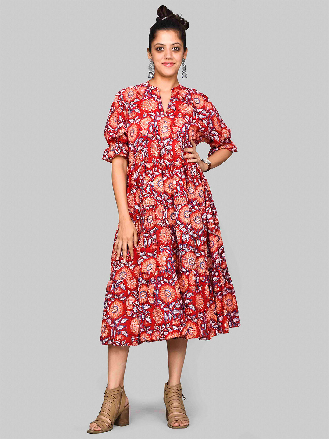 

SHOOLIN Floral Organic Cotton Midi Dress, Red