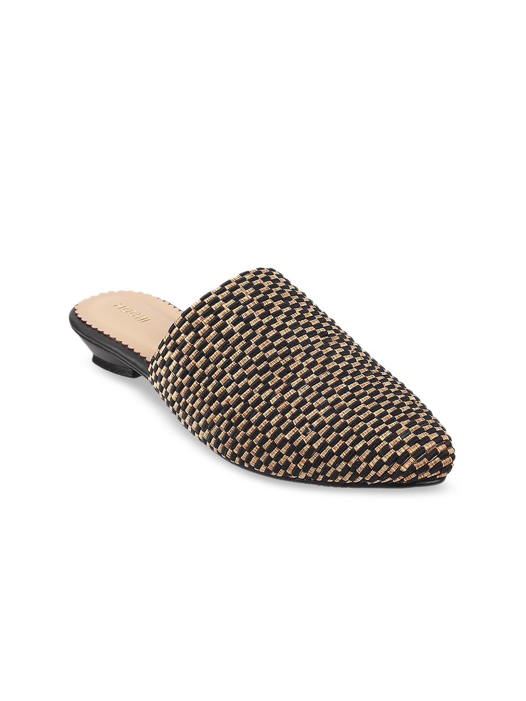 

Mochi Pointed Toe Woven Design Mules, Black