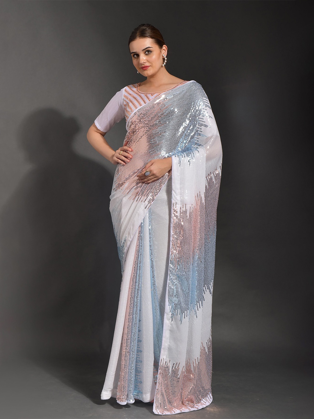 

Globon Impex Embellished Sequined Satin Saree, White