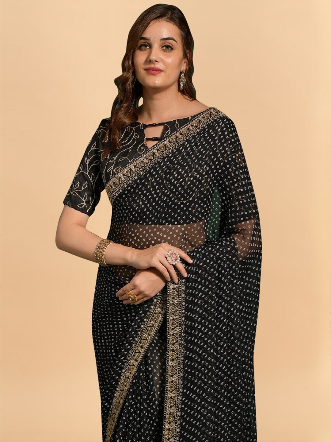 

Sangria Bandhani Printed Pure Georgette Traditional Sarees, Black