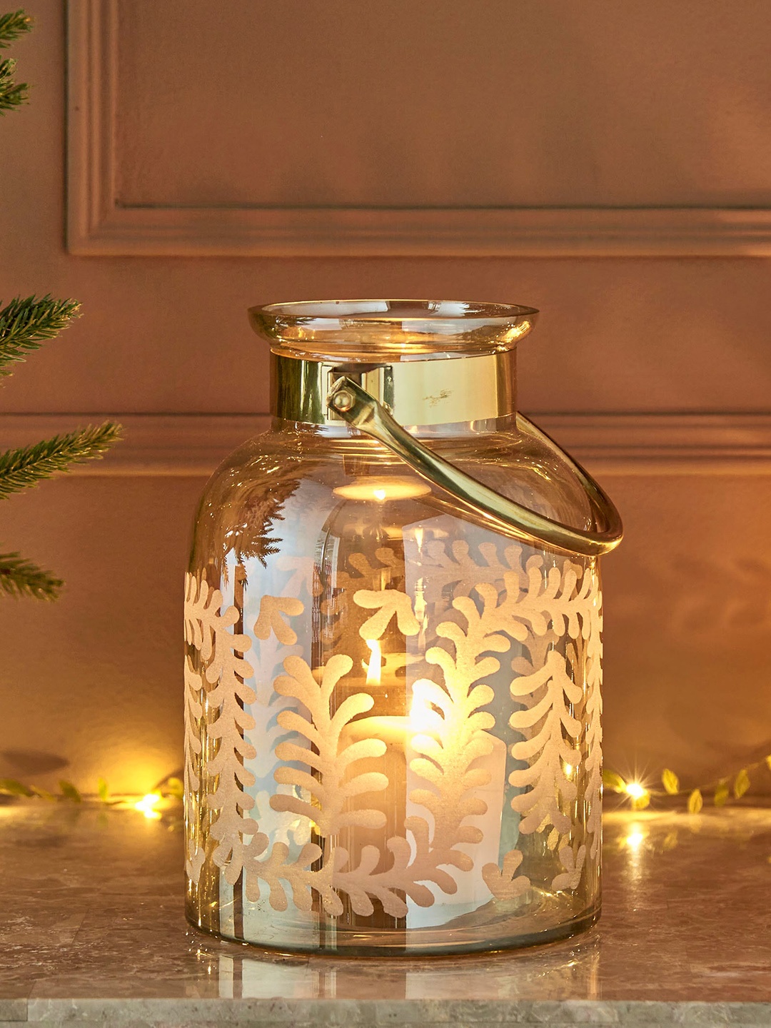 

Home Centre Carols Glass Clear & Gold Printed Glass Candle Holder, Transparent
