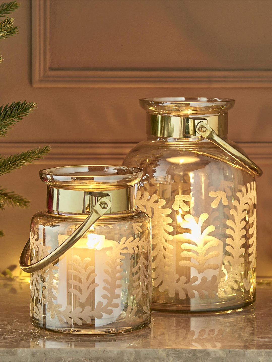 

Home Centre Carols Gold Printed Glass Lantern with Metal Handle, Transparent