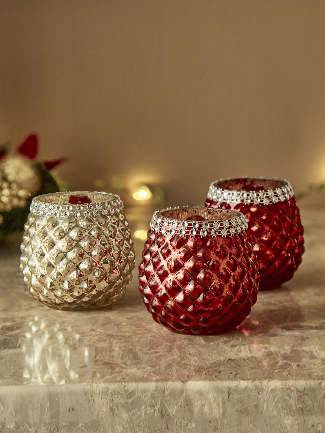 

Home Centre Carlos Set Of 3 Embellished Glass Candle Holders, Red