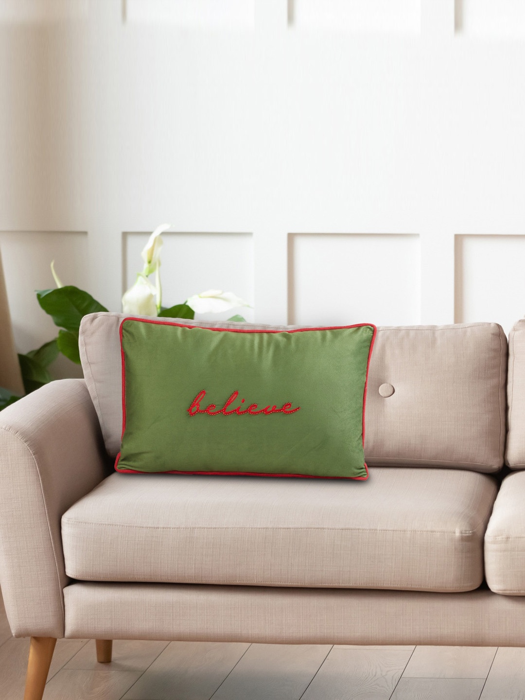 

Home Centre Carols Green Embellished Rectangular Filled Cushion