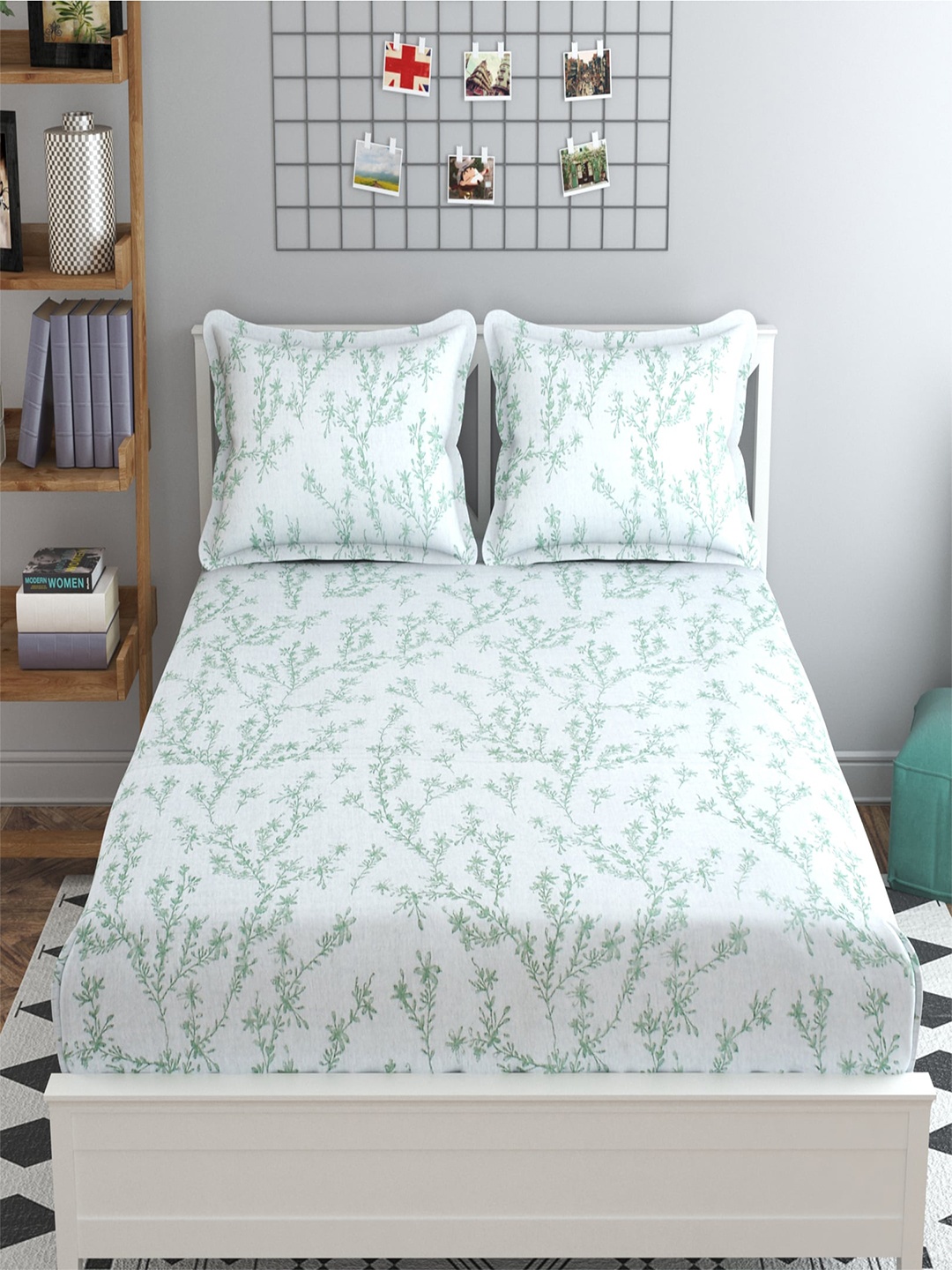 

Hammer Home White & Green Floral 300 TC Cotton King Bedsheet with 2 Pillow Covers